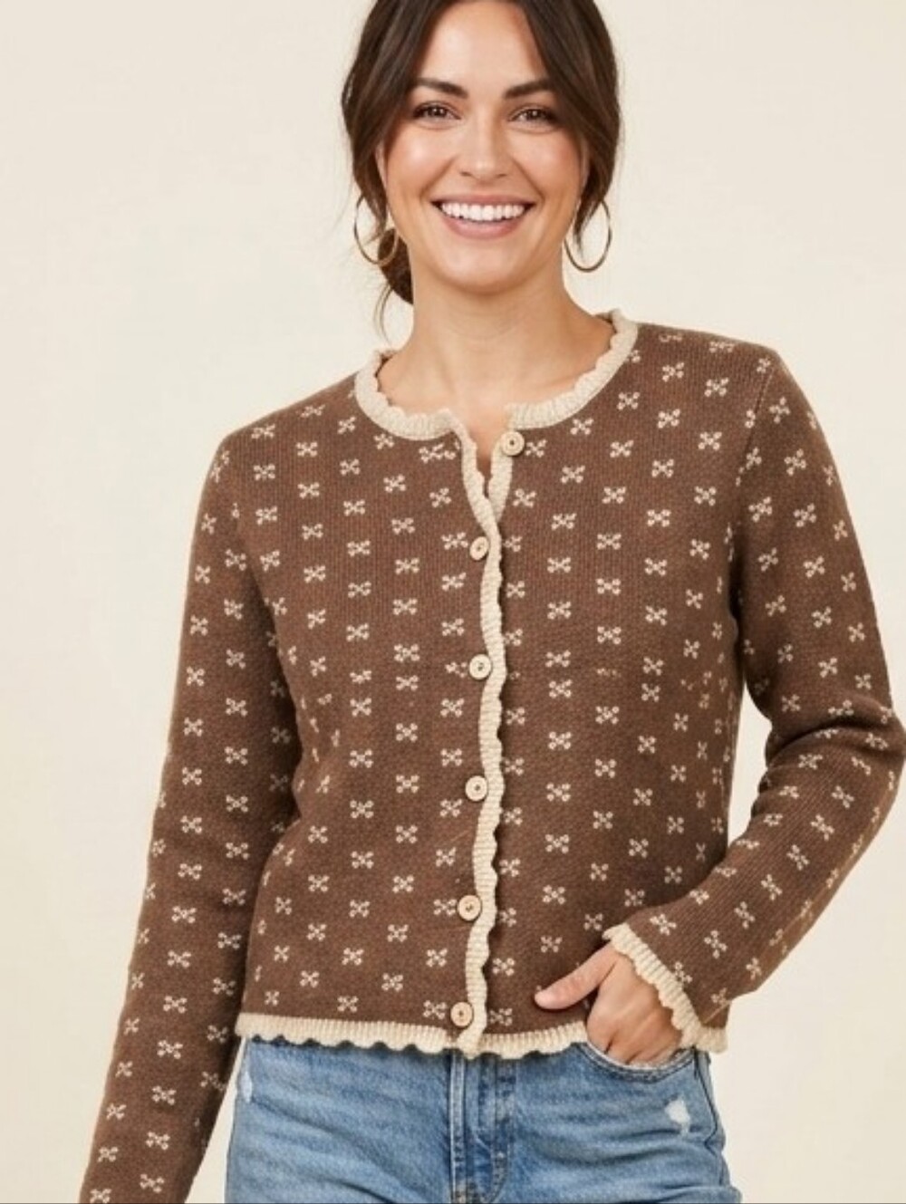 Blu Pepper Brown Knit Cardigan with Cream Trim